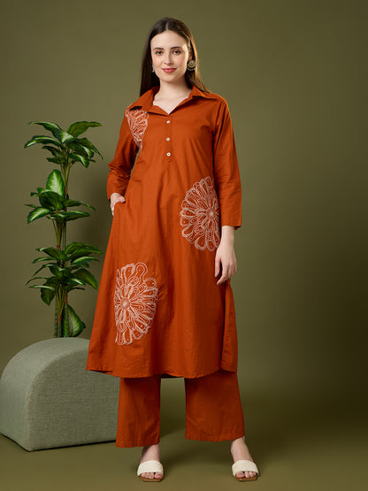 Solid Floral Embroidered A-Line Co-ord Set - Rust
