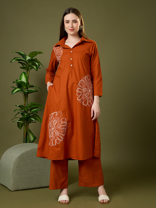 Solid Floral Embroidered A-Line Co-ord Set - Rust