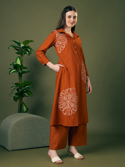 Solid Floral Embroidered A-Line Co-ord Set - Rust
