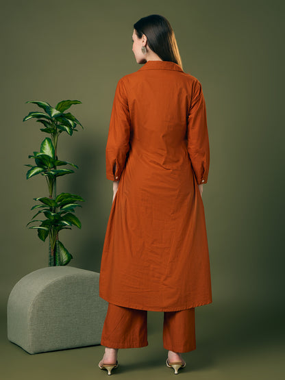 Solid Floral Embroidered A-Line Co-ord Set - Rust