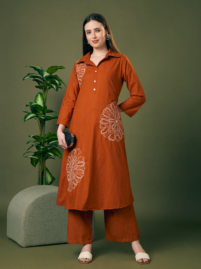Solid Floral Embroidered A-Line Co-ord Set - Rust