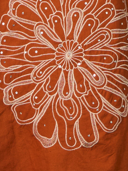 Solid Floral Embroidered A-Line Co-ord Set - Rust