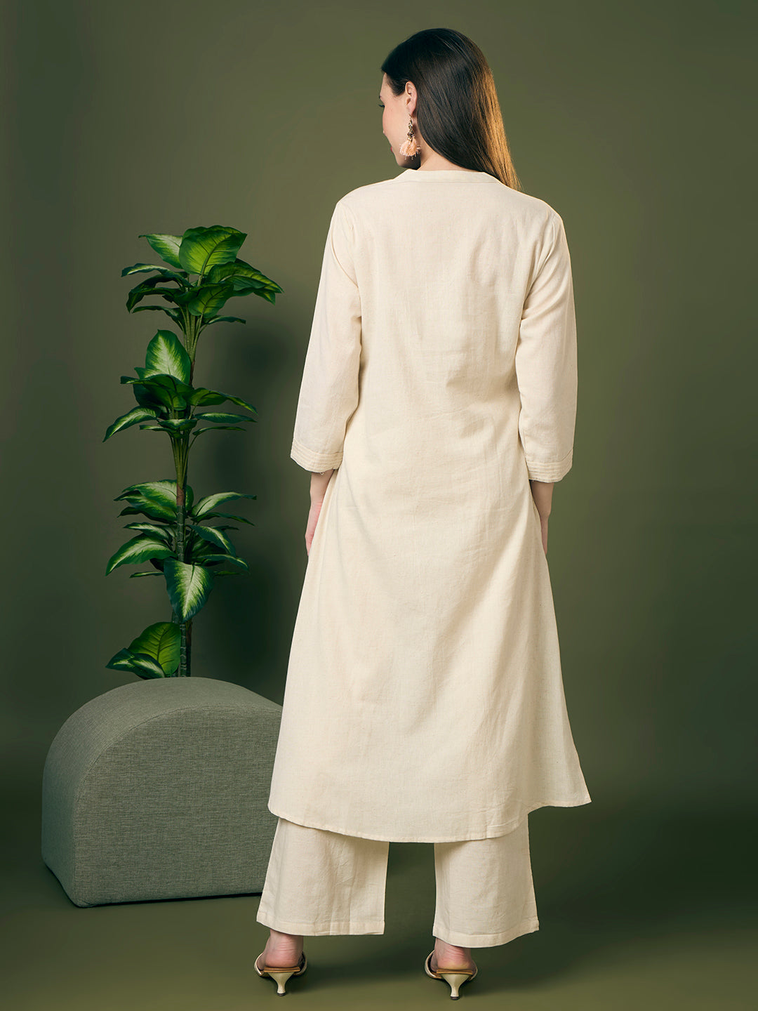 Solid Ostrich Threadwork Embroidered A-Line Co-ord Set - Off White