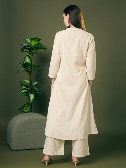 Solid Ostrich Threadwork Embroidered A-Line Co-ord Set - Off White