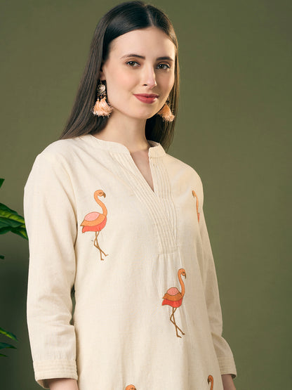 Solid Ostrich Threadwork Embroidered A-Line Co-ord Set - Off White