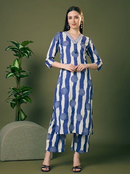 Ethnic Stripes Printed Straight Fit Co-ord Set - Blue