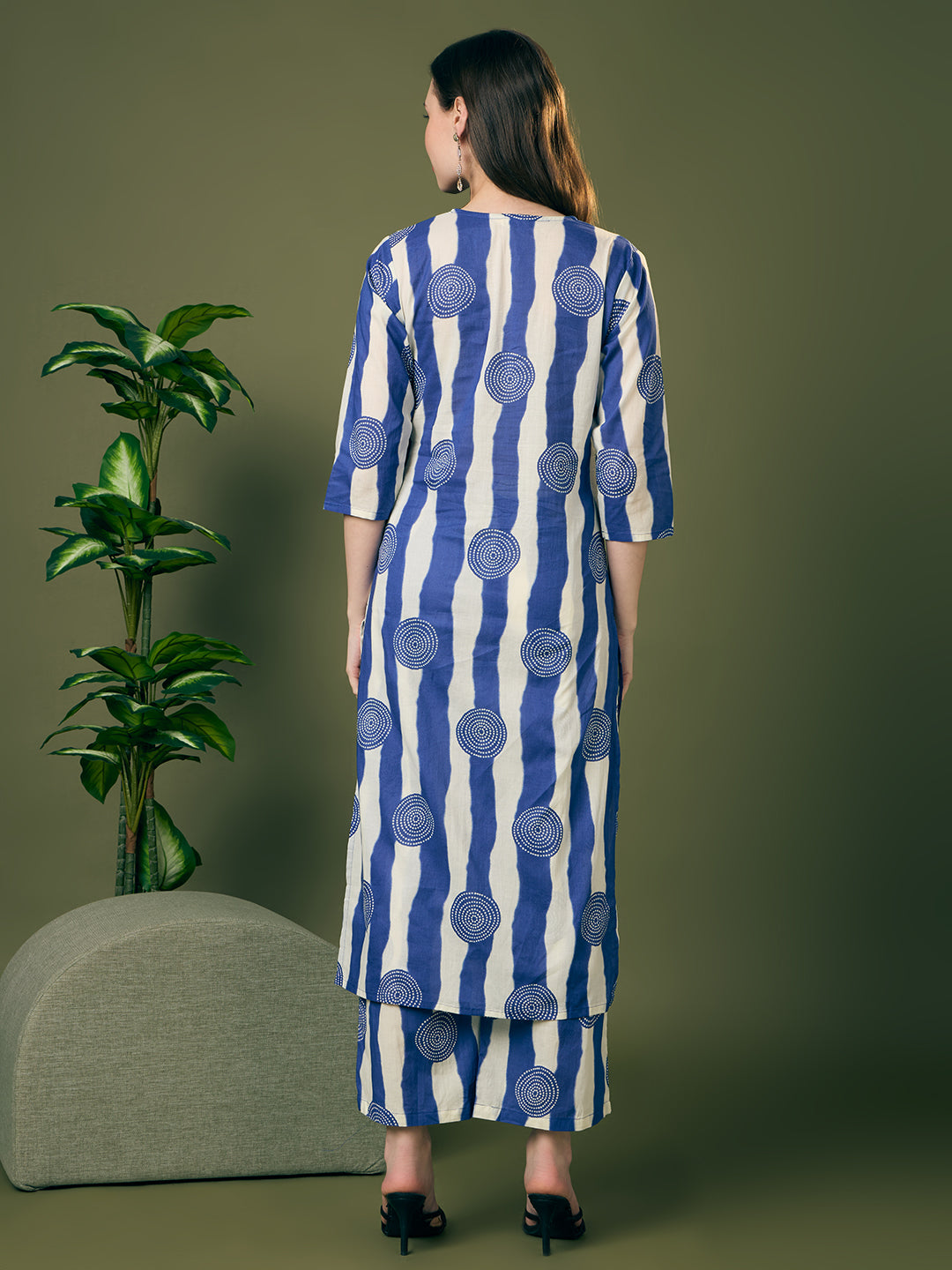 Ethnic Stripes Printed Straight Fit Co-ord Set - Blue