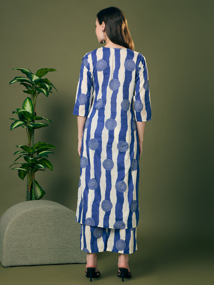 Ethnic Stripes Printed Straight Fit Co-ord Set - Blue