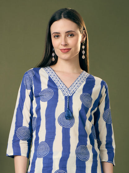 Ethnic Stripes Printed Straight Fit Co-ord Set - Blue