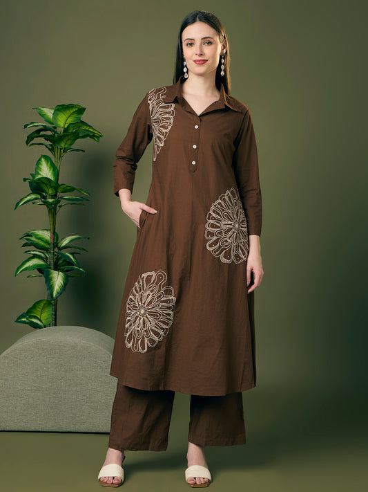 Solid Floral Embroidered A-Line Co-ord Set - Brown