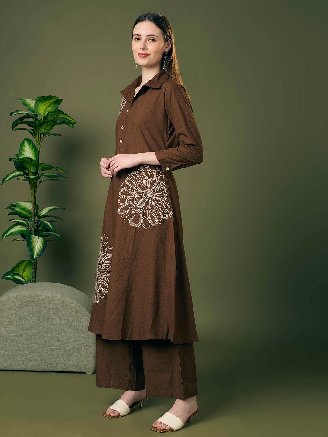 Solid Floral Embroidered A-Line Co-ord Set - Brown