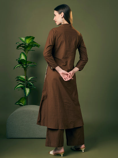 Solid Floral Embroidered A-Line Co-ord Set - Brown