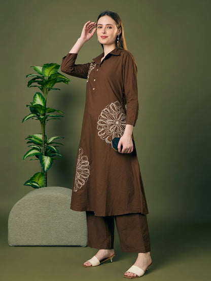 Solid Floral Embroidered A-Line Co-ord Set - Brown