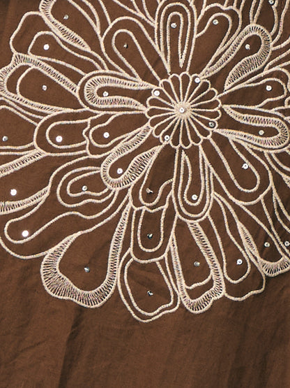 Solid Floral Embroidered A-Line Co-ord Set - Brown