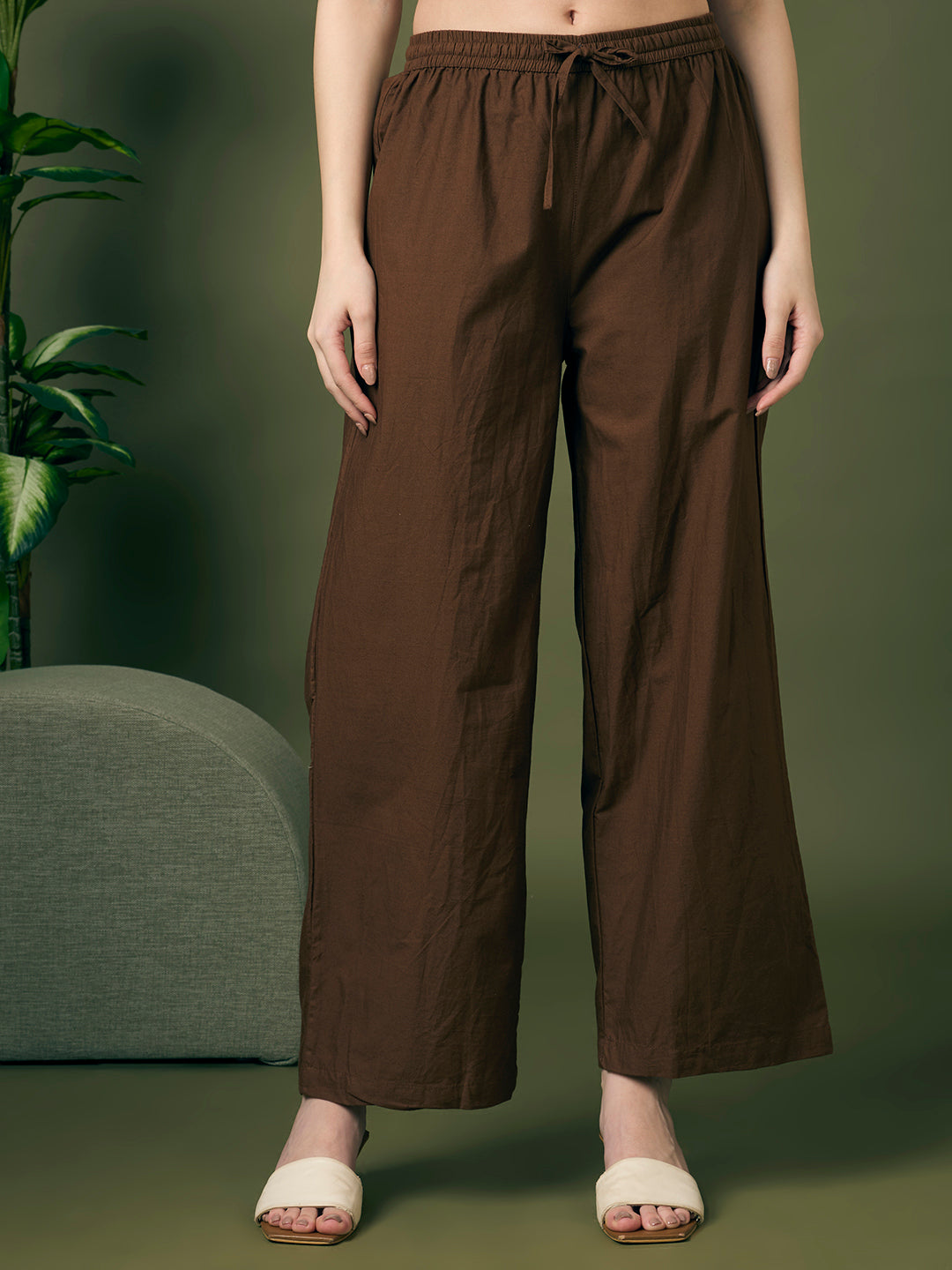 Solid Floral Embroidered A-Line Co-ord Set - Brown