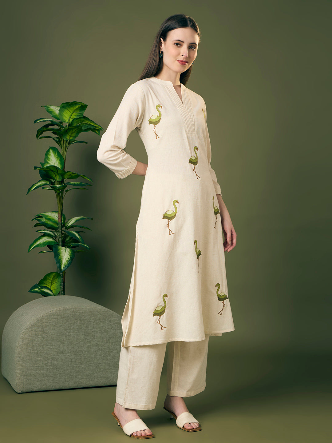 Solid Ostrich Threadwork Embroidered A-Line Co-ord Set - Off White