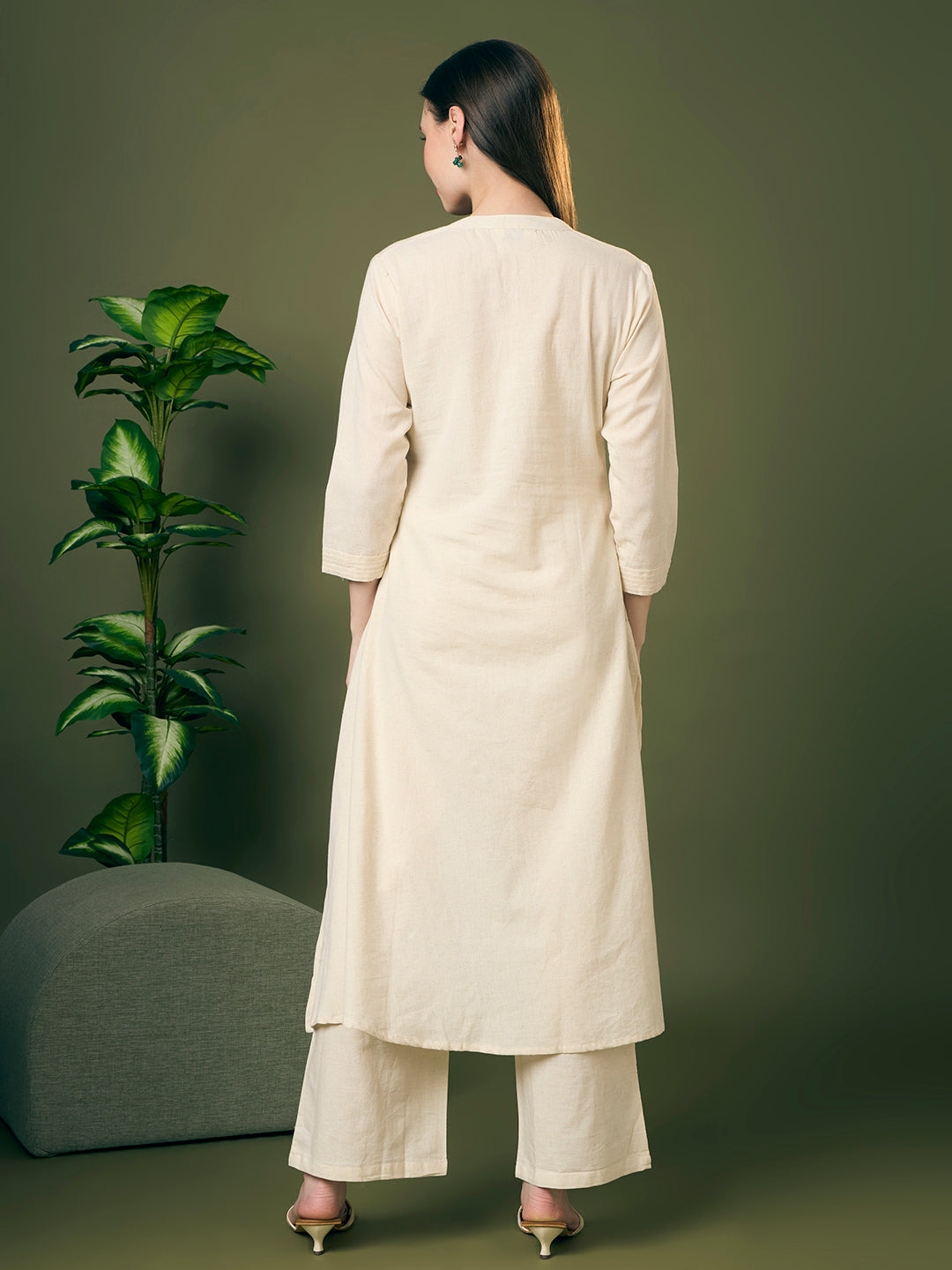 Solid Ostrich Threadwork Embroidered A-Line Co-ord Set - Off White