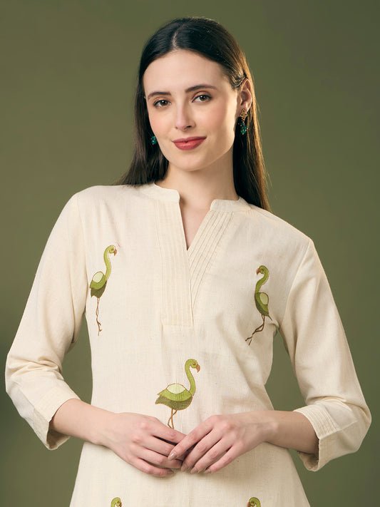 Solid Ostrich Threadwork Embroidered A-Line Co-ord Set - Off White