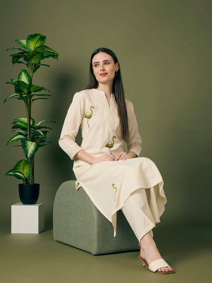 Solid Ostrich Threadwork Embroidered A-Line Co-ord Set - Off White