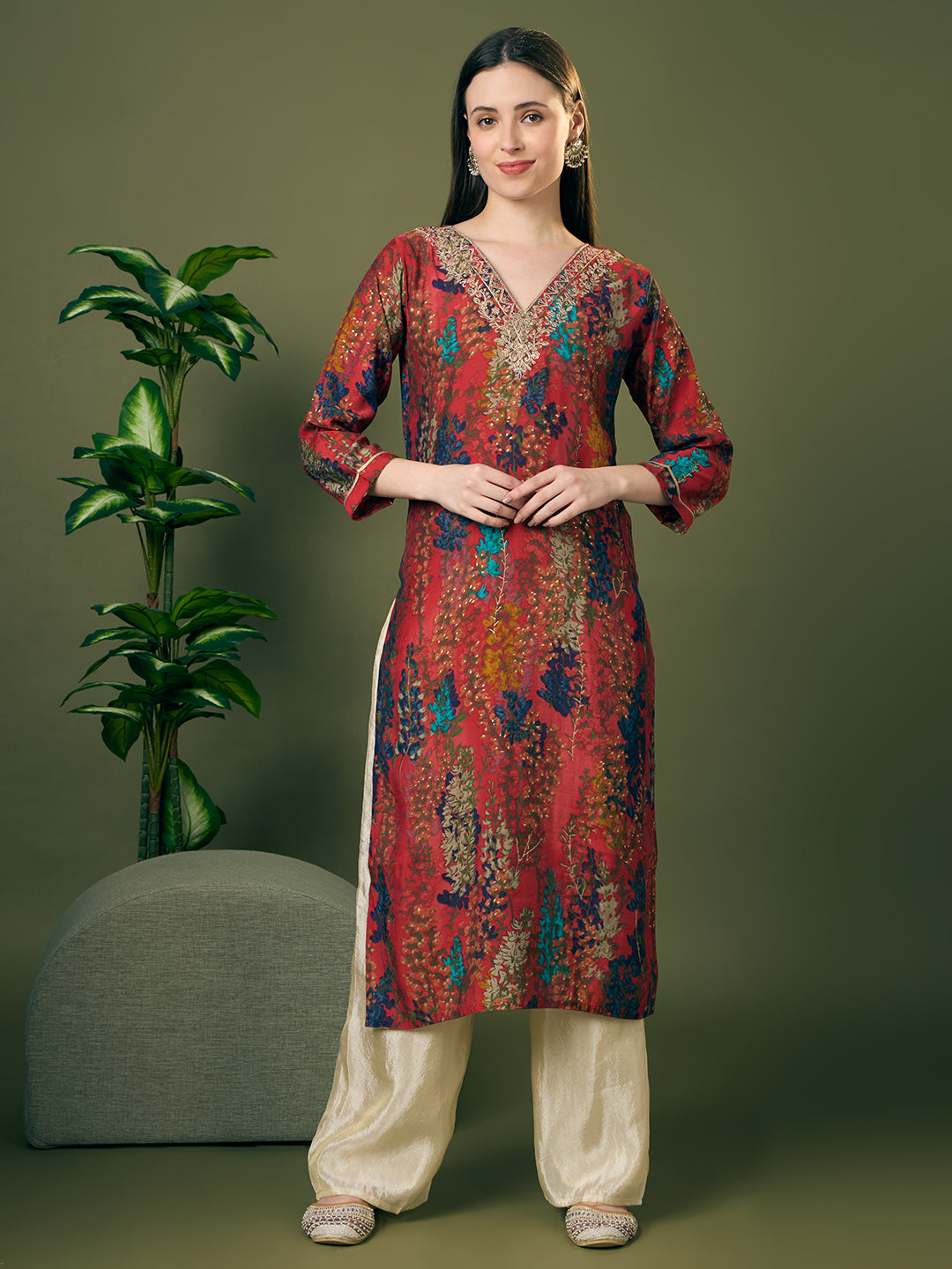 Floral Printed Embroidered Straight Fit Kurta - Multi