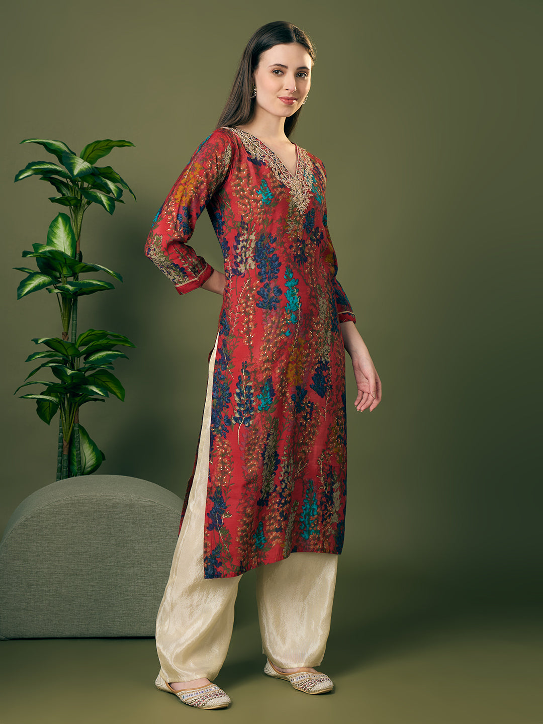 Floral Printed Embroidered Straight Fit Kurta - Multi