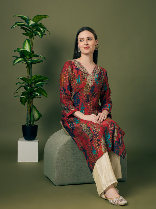 Floral Printed Embroidered Straight Fit Kurta - Multi
