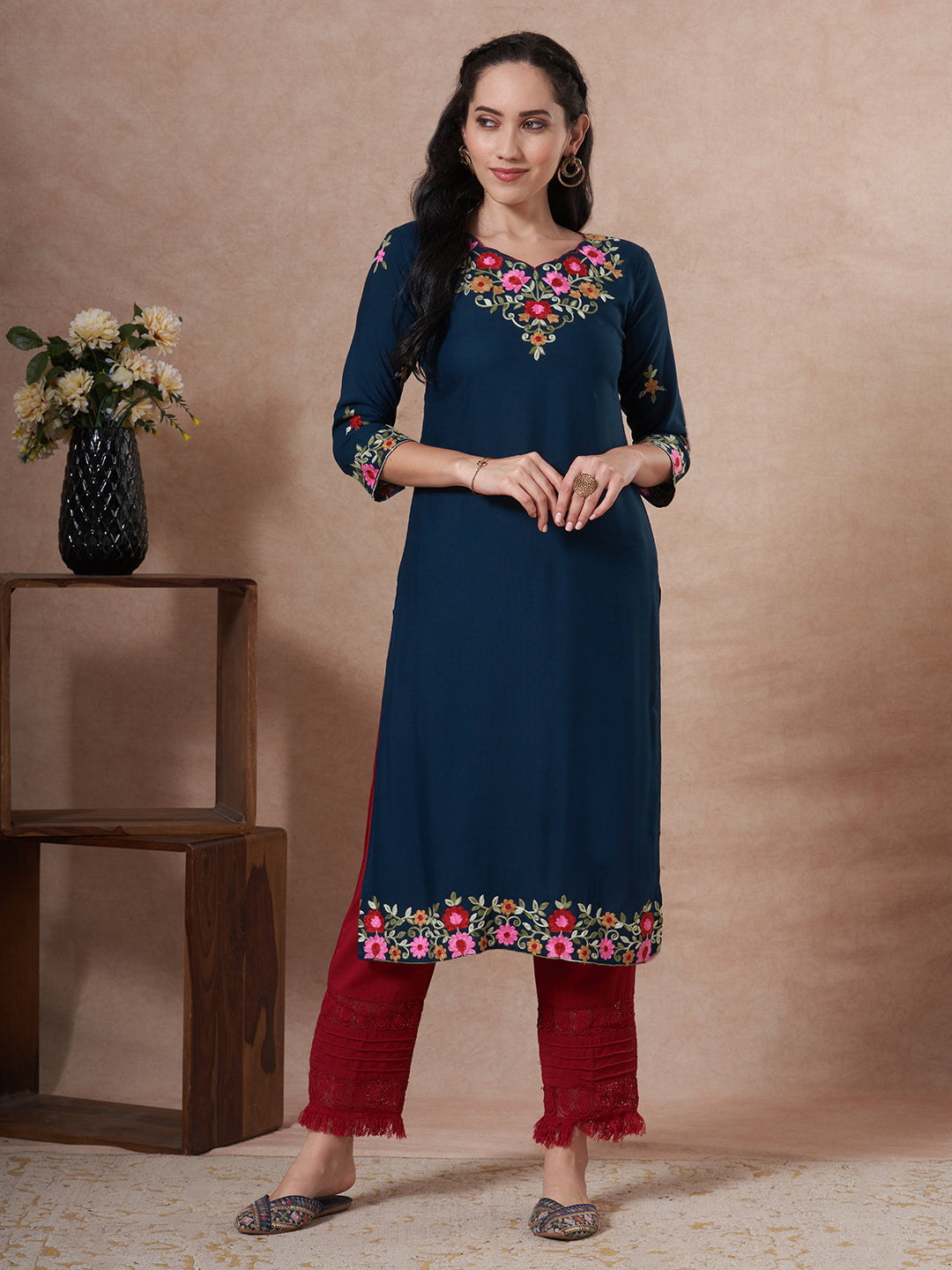 Solid Floral Embroidered Straight Fit Kurta - Teal Blue