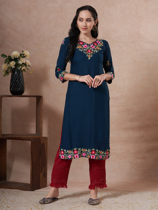 Solid Floral Embroidered Straight Fit Kurta - Teal Blue