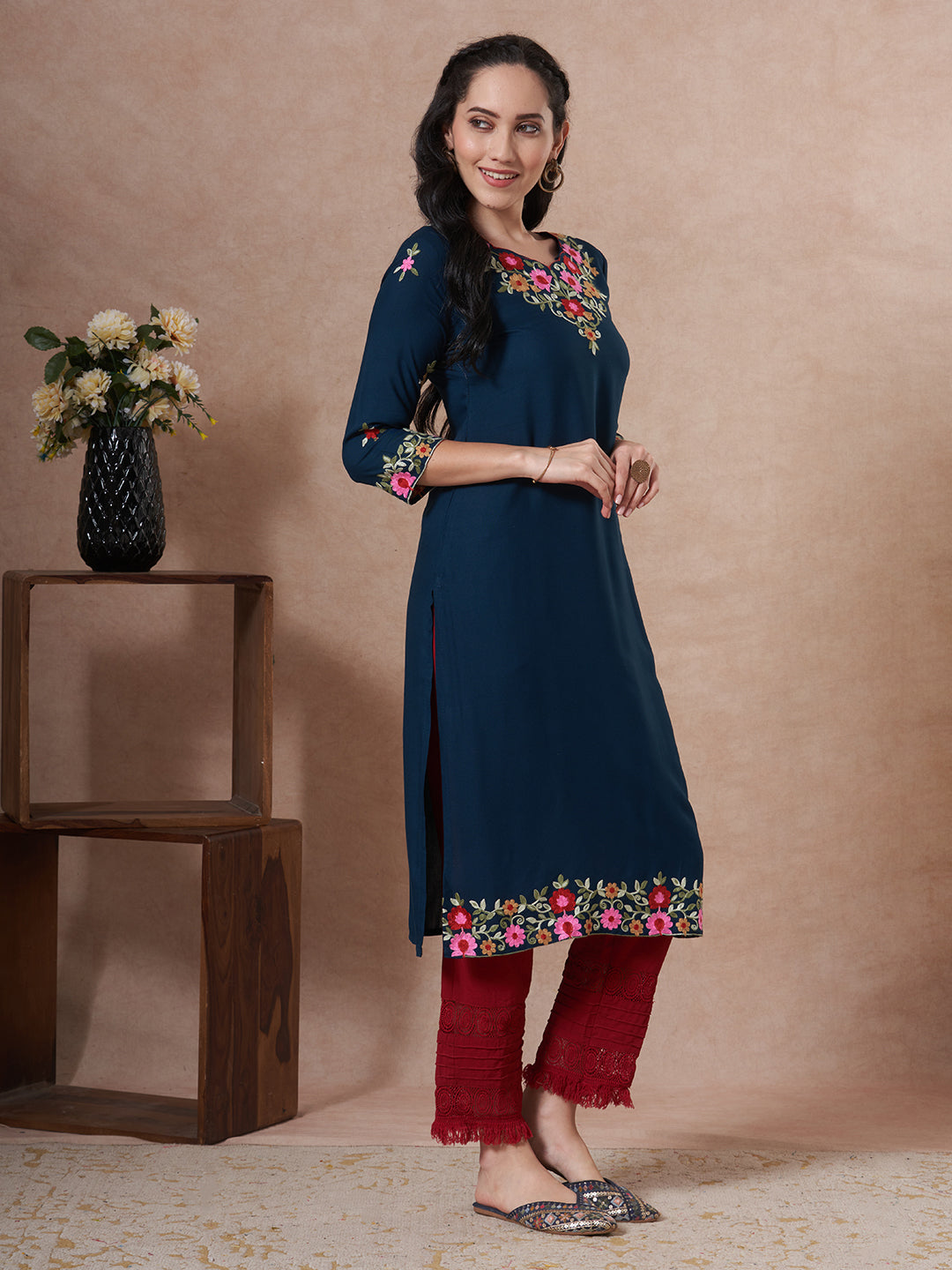 Solid Floral Embroidered Straight Fit Kurta - Teal Blue