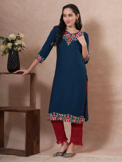 Solid Floral Embroidered Straight Fit Kurta - Teal Blue