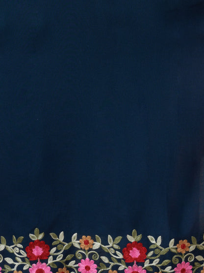 Solid Floral Embroidered Straight Fit Kurta - Teal Blue