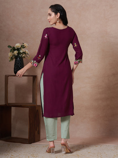 Solid Floral Embroidered Straight Fit Kurta - Wine
