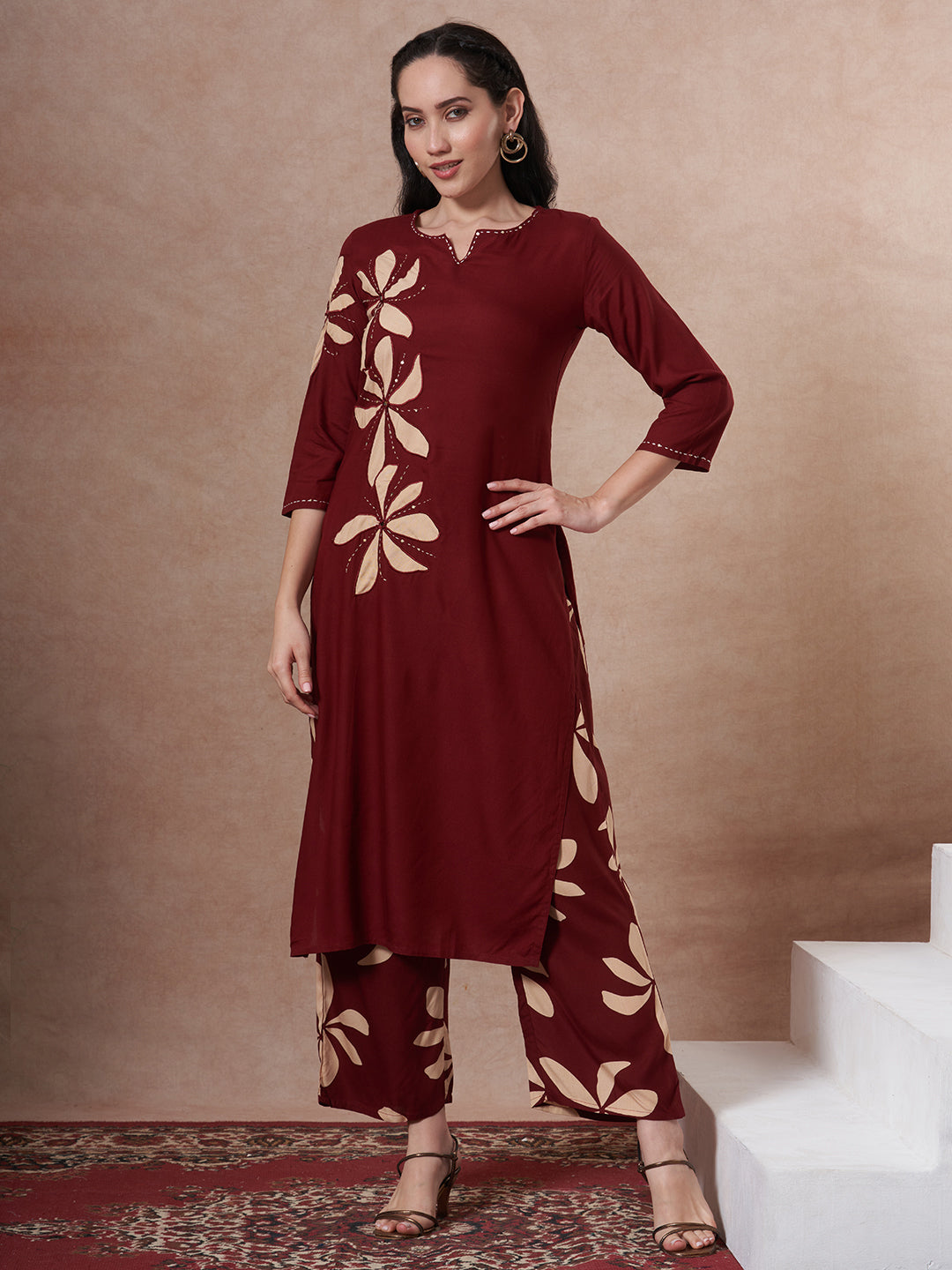 Abstract Floral Printed Kantha Work Straight Fit Co-ord Set - Rust