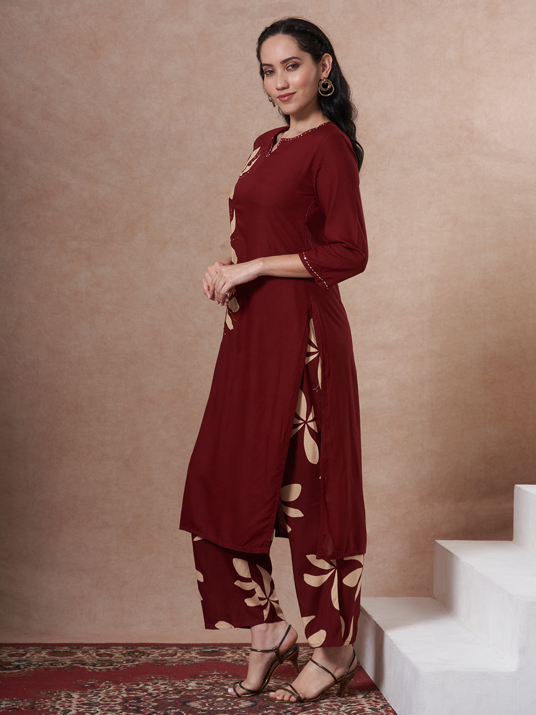 Abstract Floral Printed Kantha Work Straight Fit Co-ord Set - Rust