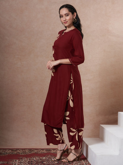 Abstract Floral Printed Kantha Work Straight Fit Co-ord Set - Rust