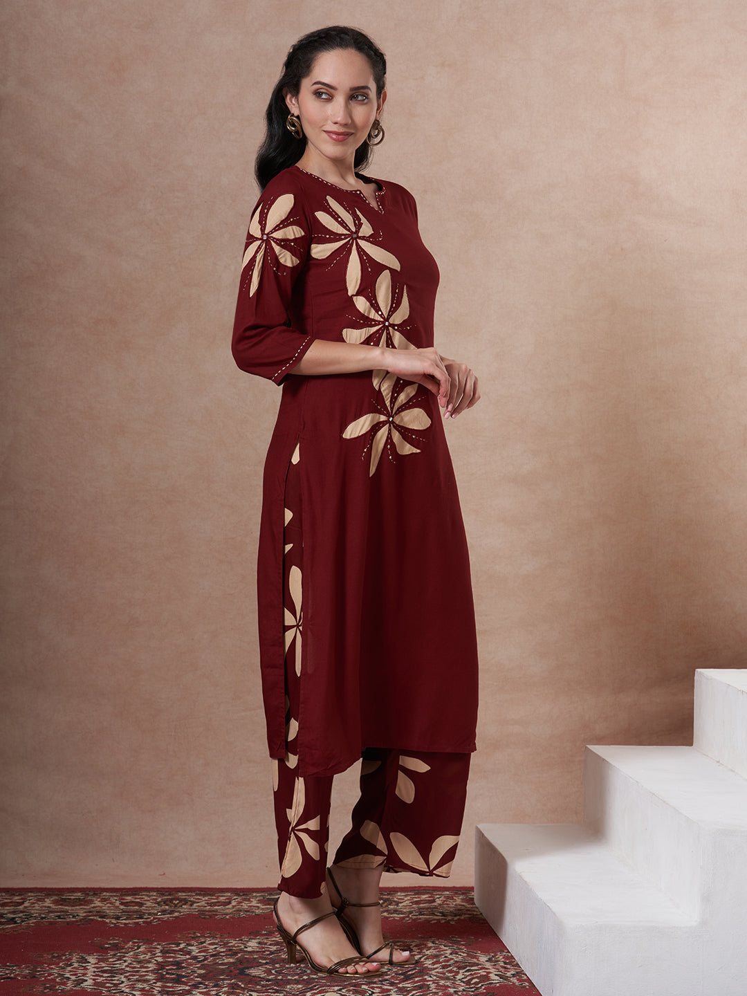 Abstract Floral Printed Kantha Work Straight Fit Co-ord Set - Rust