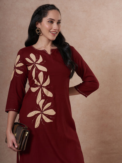 Abstract Floral Printed Kantha Work Straight Fit Co-ord Set - Rust