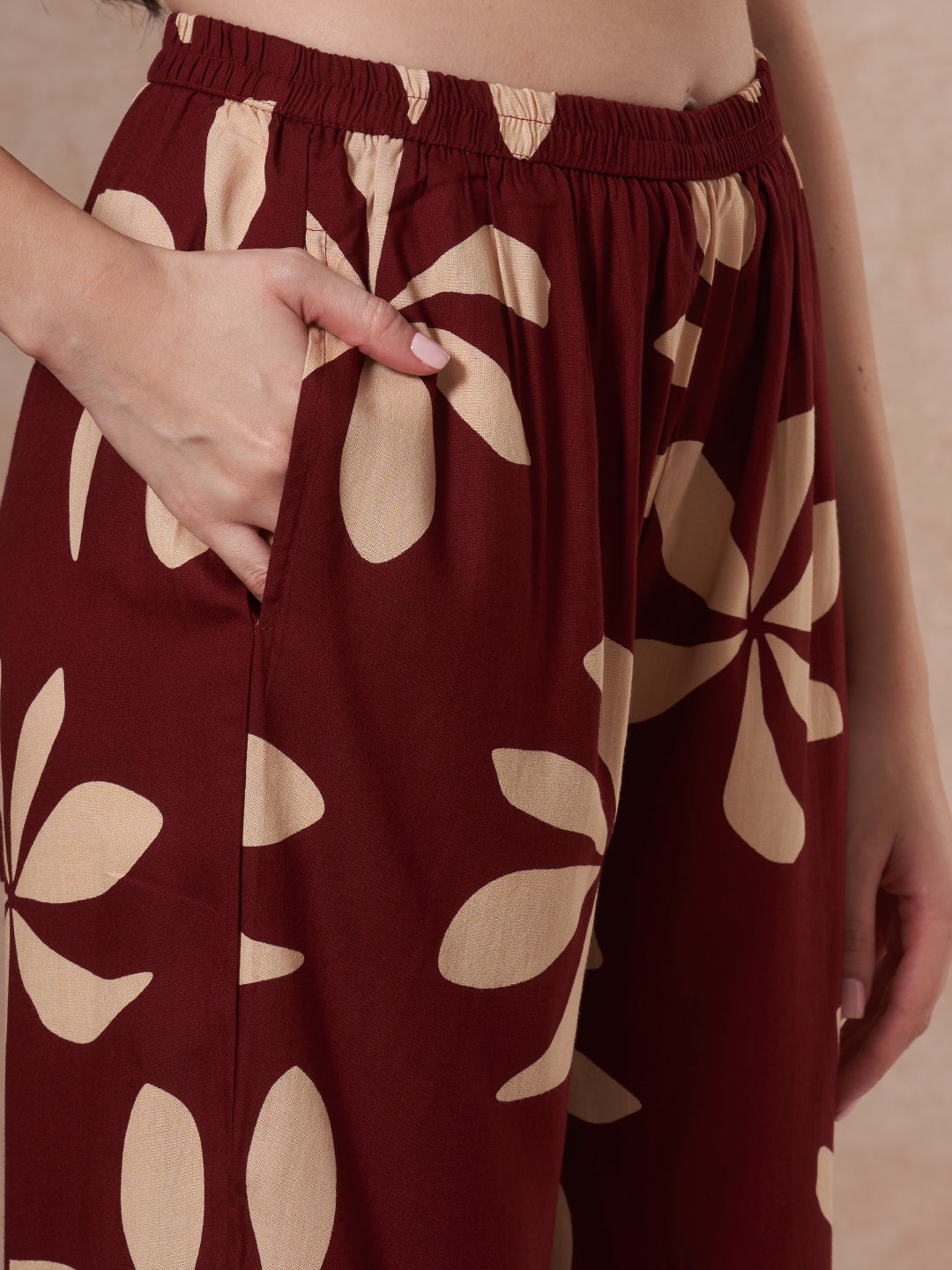 Abstract Floral Printed Kantha Work Straight Fit Co-ord Set - Rust