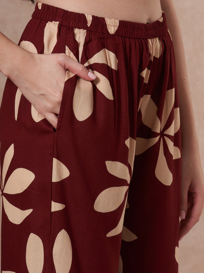 Abstract Floral Printed Kantha Work Straight Fit Co-ord Set - Rust