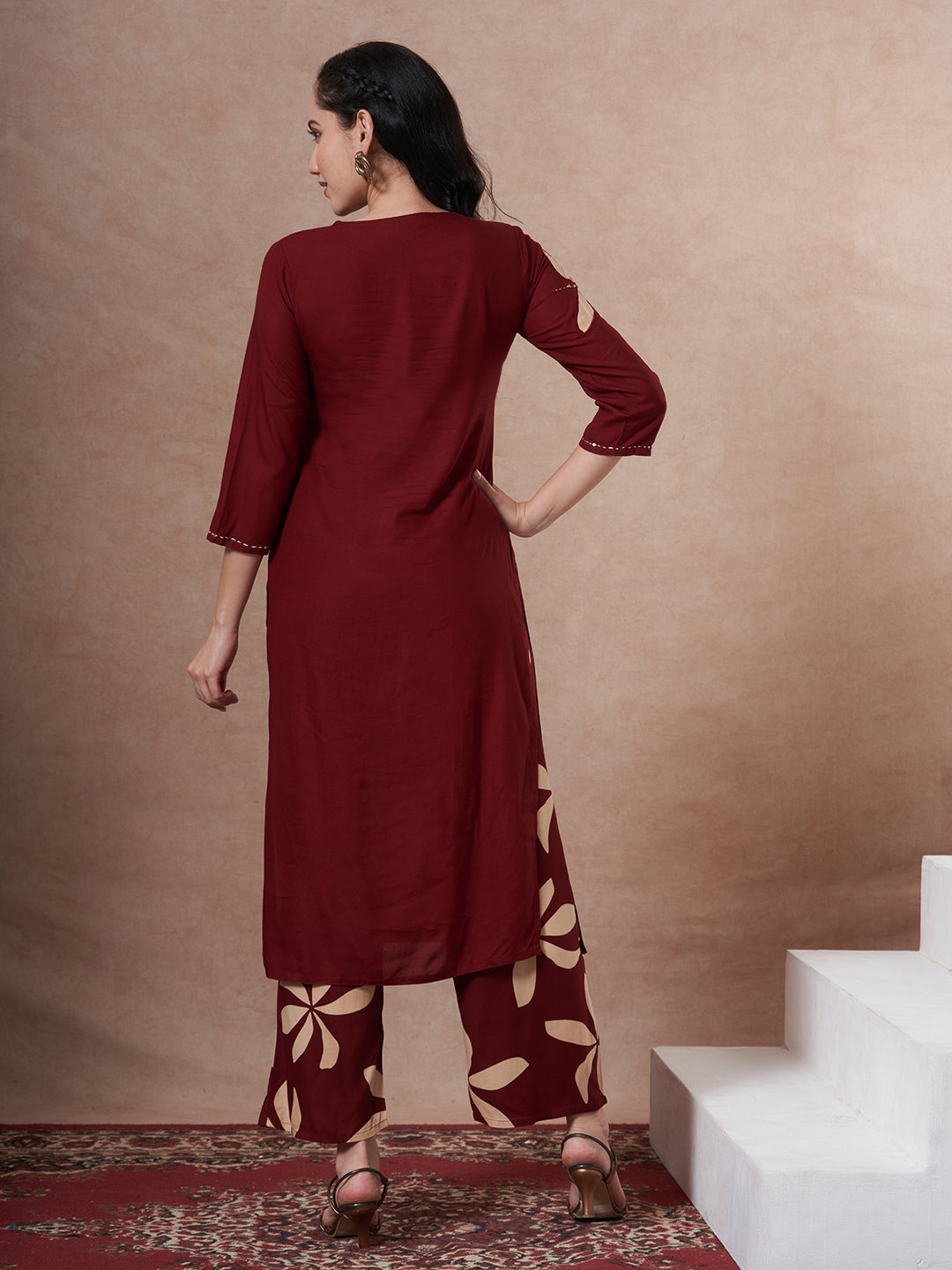 Abstract Floral Printed Kantha Work Straight Fit Co-ord Set - Rust