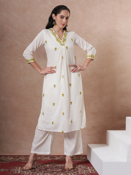 Solid Cotton Dobby Floral Embroidered A-Line Co-ord Set - White