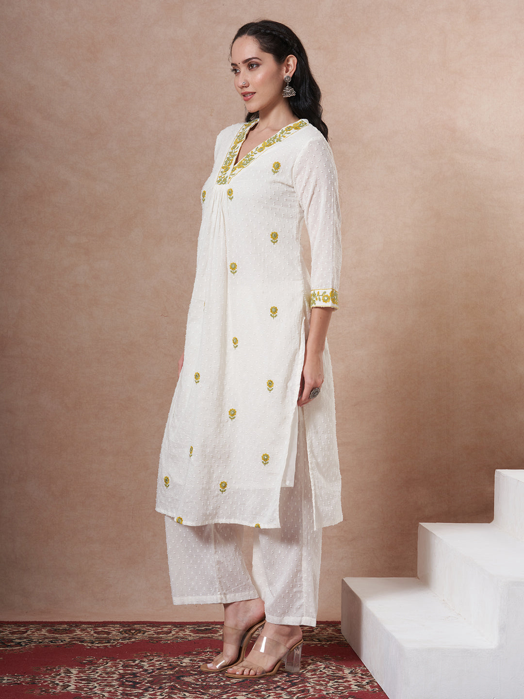 Solid Cotton Dobby Floral Embroidered A-Line Co-ord Set - White