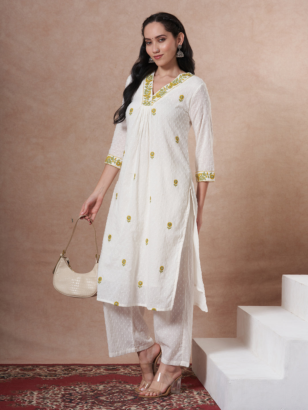 Solid Cotton Dobby Floral Embroidered A-Line Co-ord Set - White