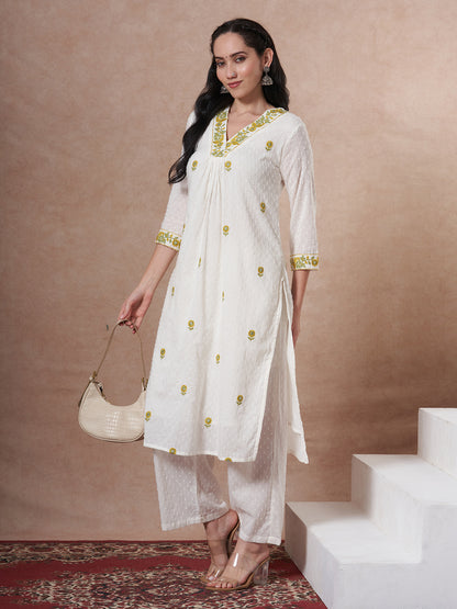 Solid Cotton Dobby Floral Embroidered A-Line Co-ord Set - White