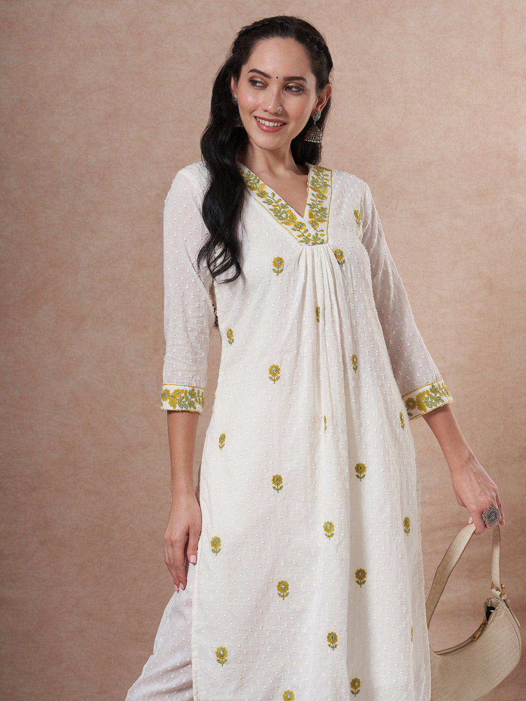 Solid Cotton Dobby Floral Embroidered A-Line Co-ord Set - White