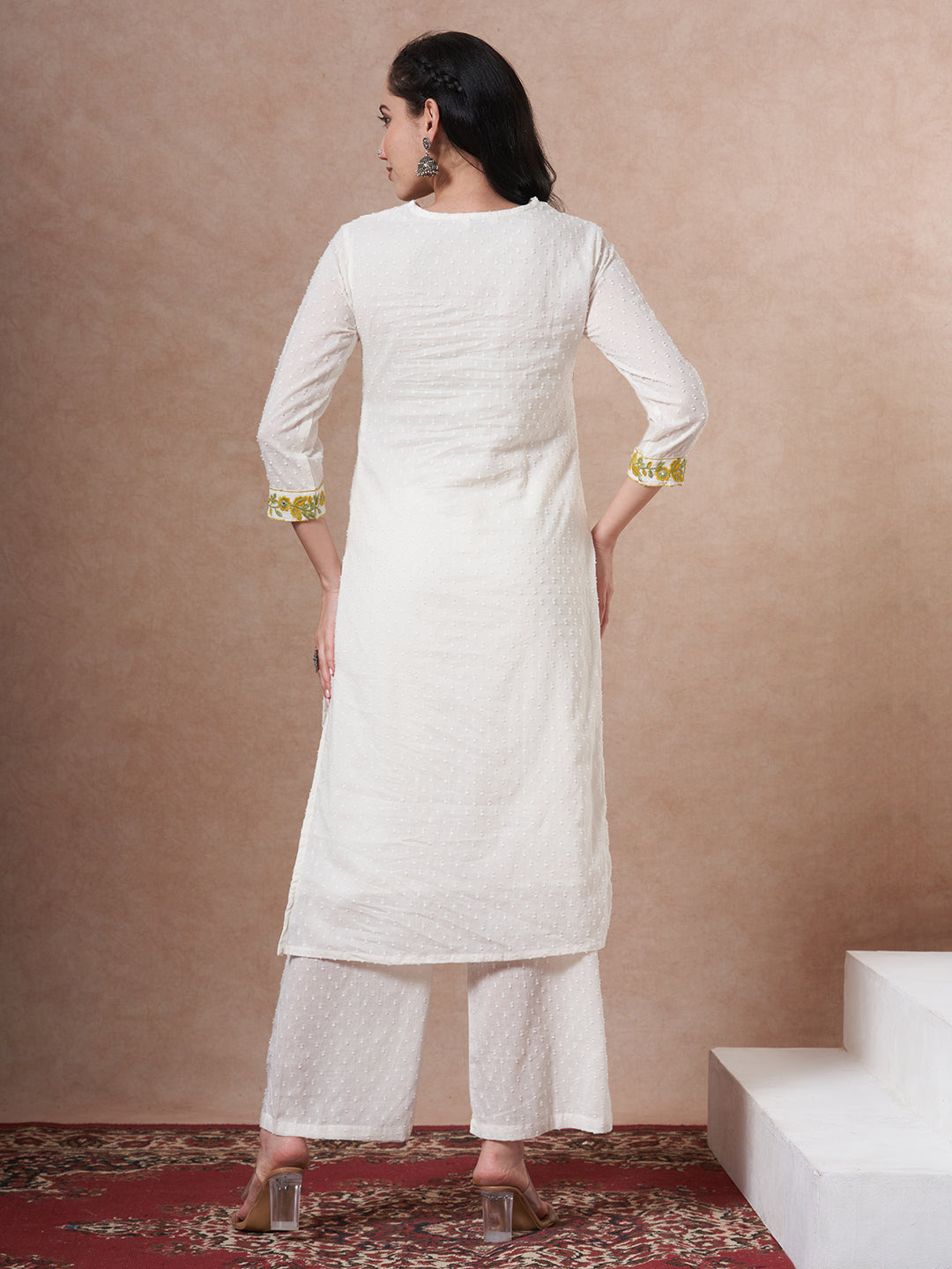 Solid Cotton Dobby Floral Embroidered A-Line Co-ord Set - White