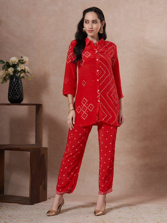 Bandhani Printed Straight Fit Co-ord Set - Pink