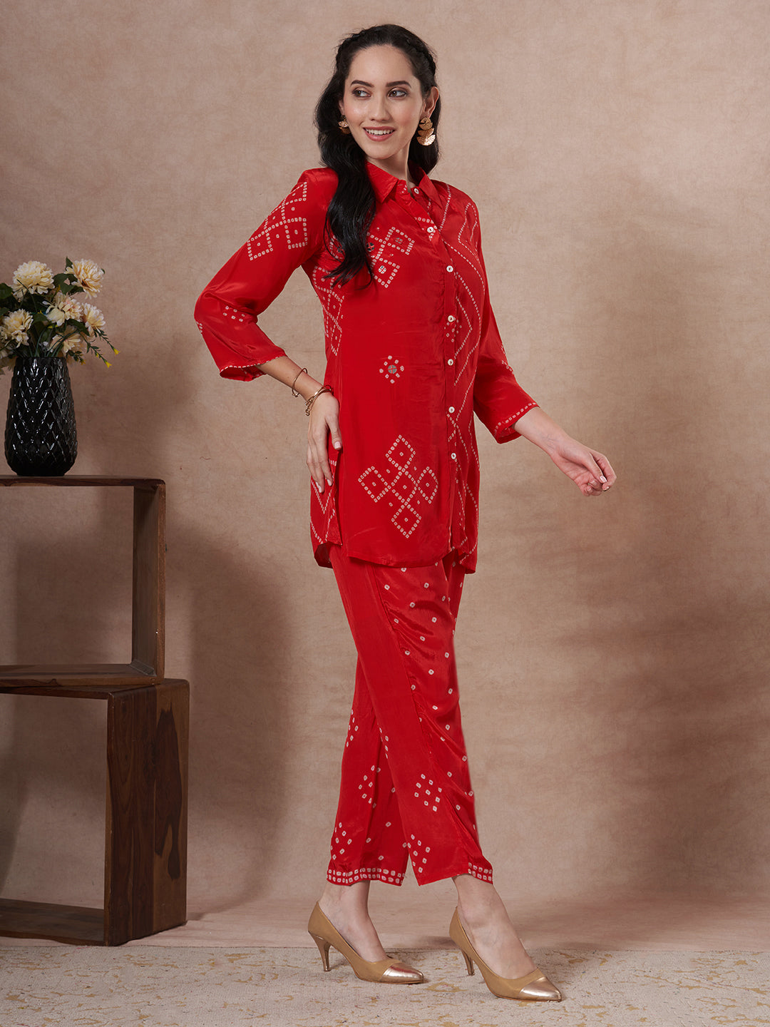 Bandhani Printed Straight Fit Co-ord Set - Pink