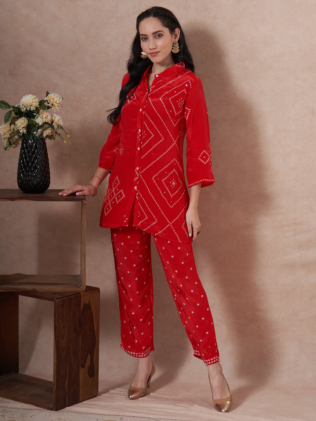 Bandhani Printed Straight Fit Co-ord Set - Pink