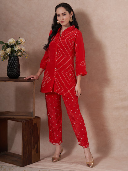 Bandhani Printed Straight Fit Co-ord Set - Pink